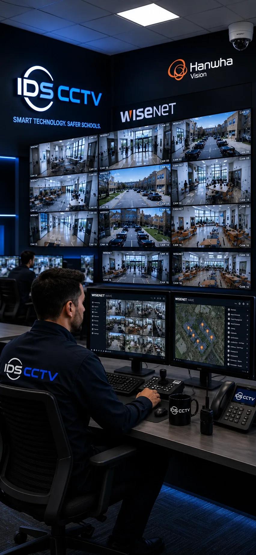 IDS CCTV monitoring station with a Hanwha Wisenet camera wall