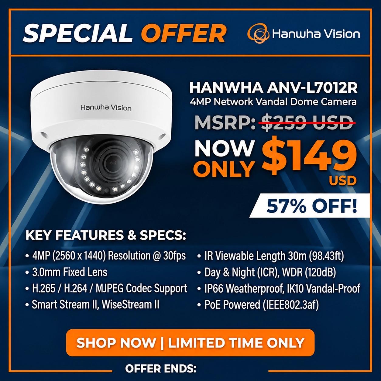 Hanwha ANV-L7012R A-Series 4MP Vandal Dome IP Camera, 3mm Fixed Lens, White