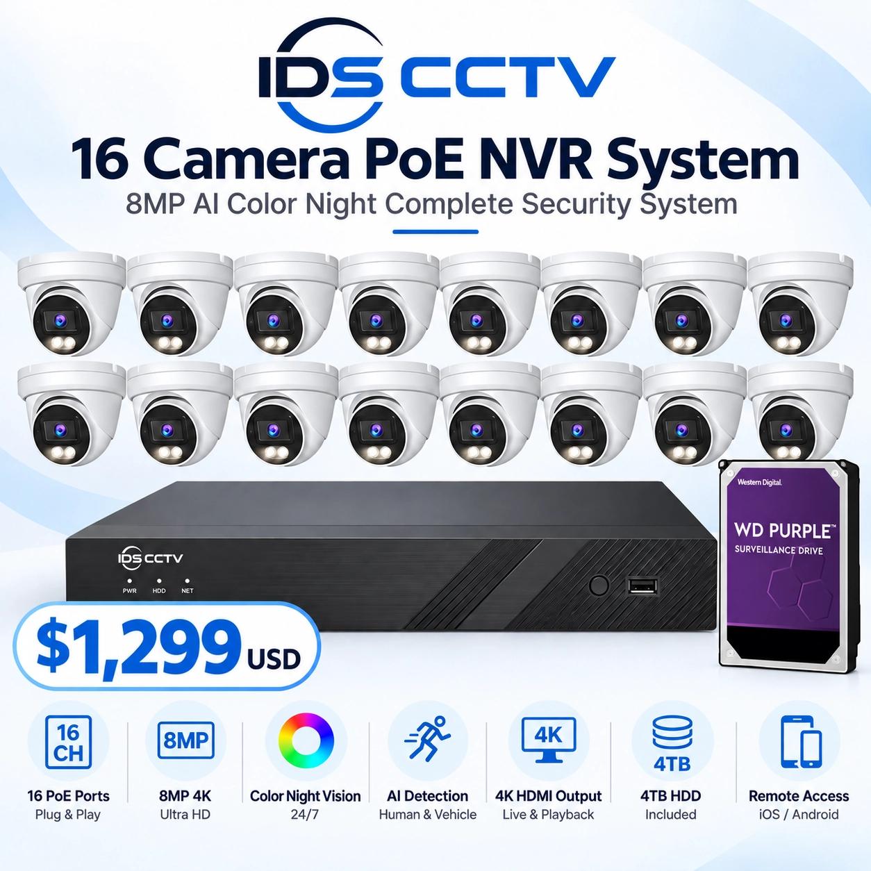 IDS CCTV 16-Camera 8MP 4K AI Color Night Vision PoE Security System with NVR & 4TB WD Purple HDD