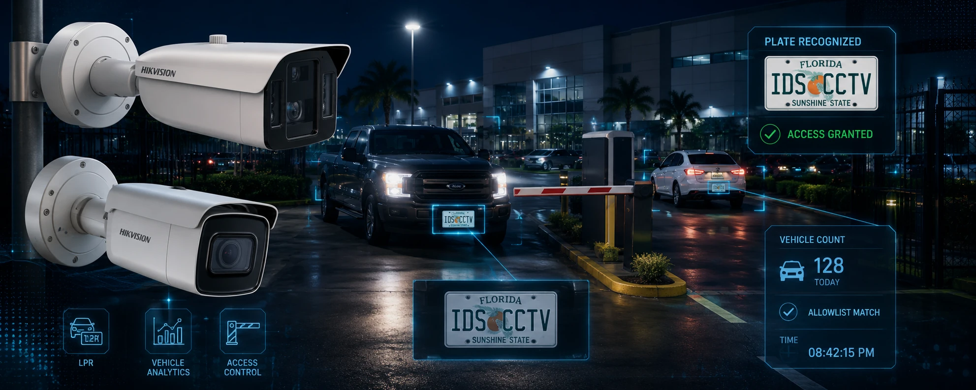 Night parking lot with IDS CCTV license plate recognition overlay