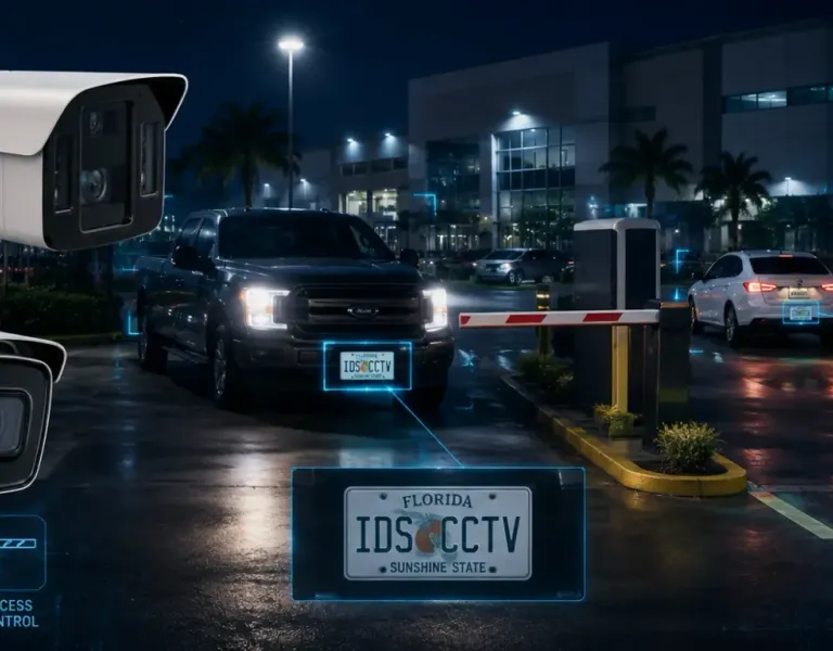 Night parking lot with IDS CCTV license plate recognition overlay